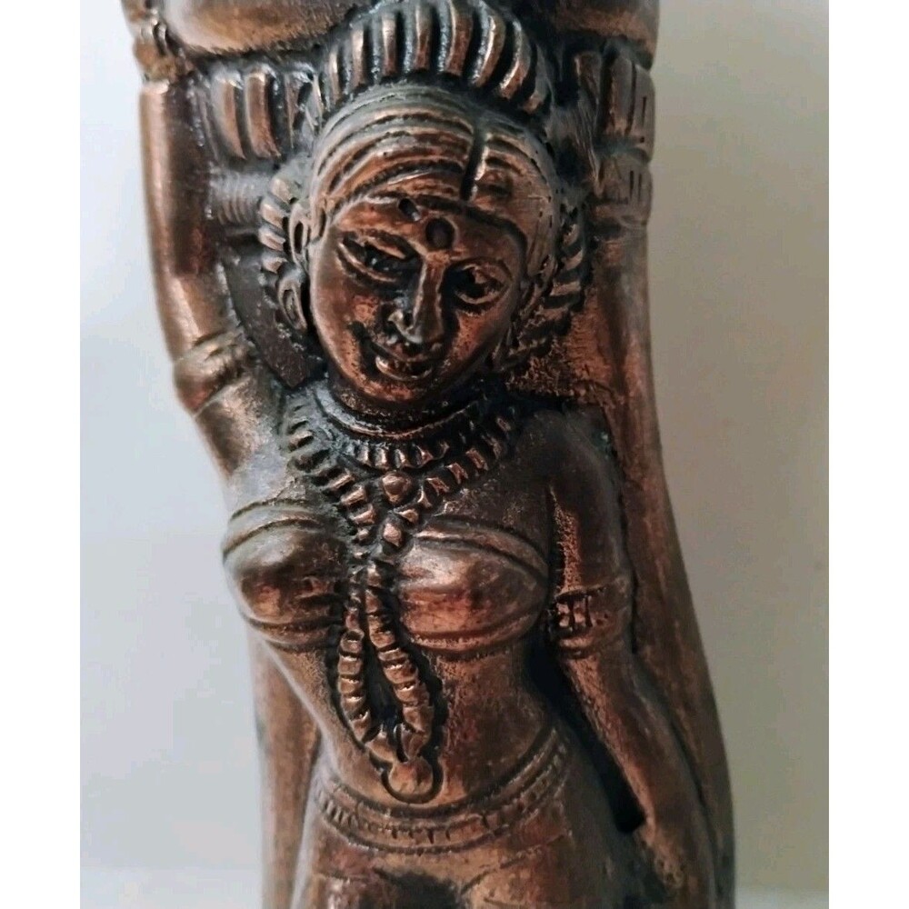 Vintage Indian Cast Copper Apsara Vase Heavy Metal Column Relief Statue AS-IS